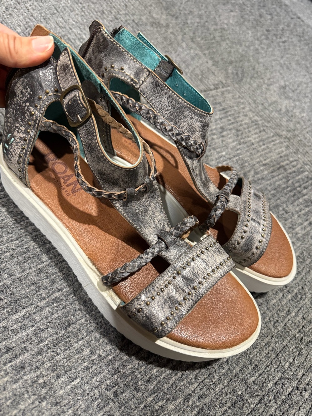 Roan by BED|STU Gray Braided Stud Platform Sandals with Brown Footbed